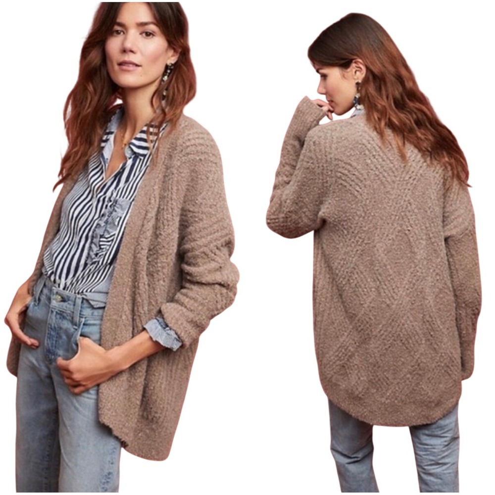 Moth Anthropologie Cardigan  XS Taupe Merino Alpaca  Diamond Cable Open Front